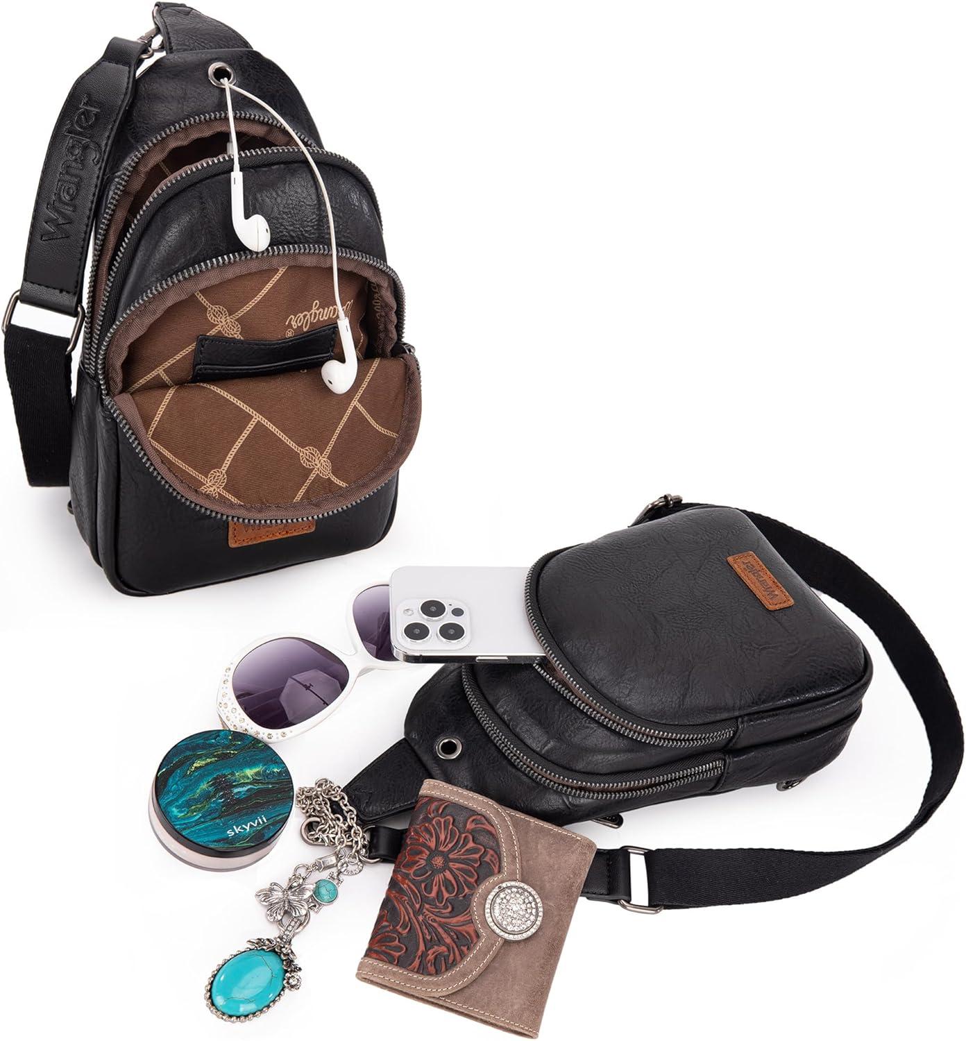 imageWrangler Western Crossbody Sling Bags for Women Backpack Chest Bag for Travel Daily Use and Gifts Leopard and Cow PrintBlack