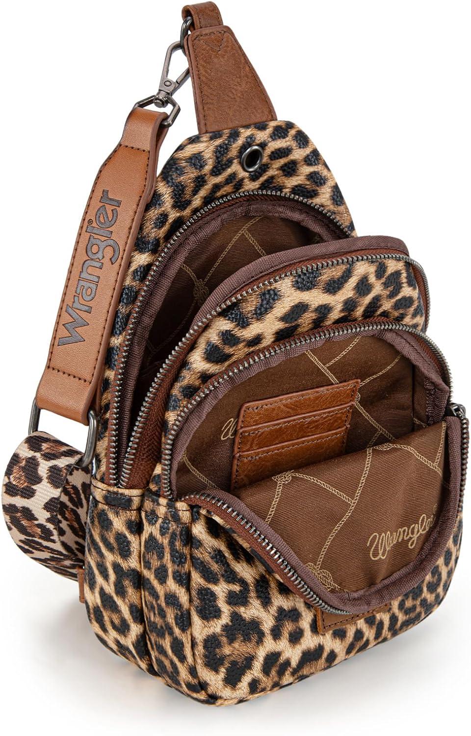 imageWrangler Western Crossbody Sling Bags for Women Backpack Chest Bag for Travel Daily Use and Gifts Leopard and Cow PrintLeopard Brown