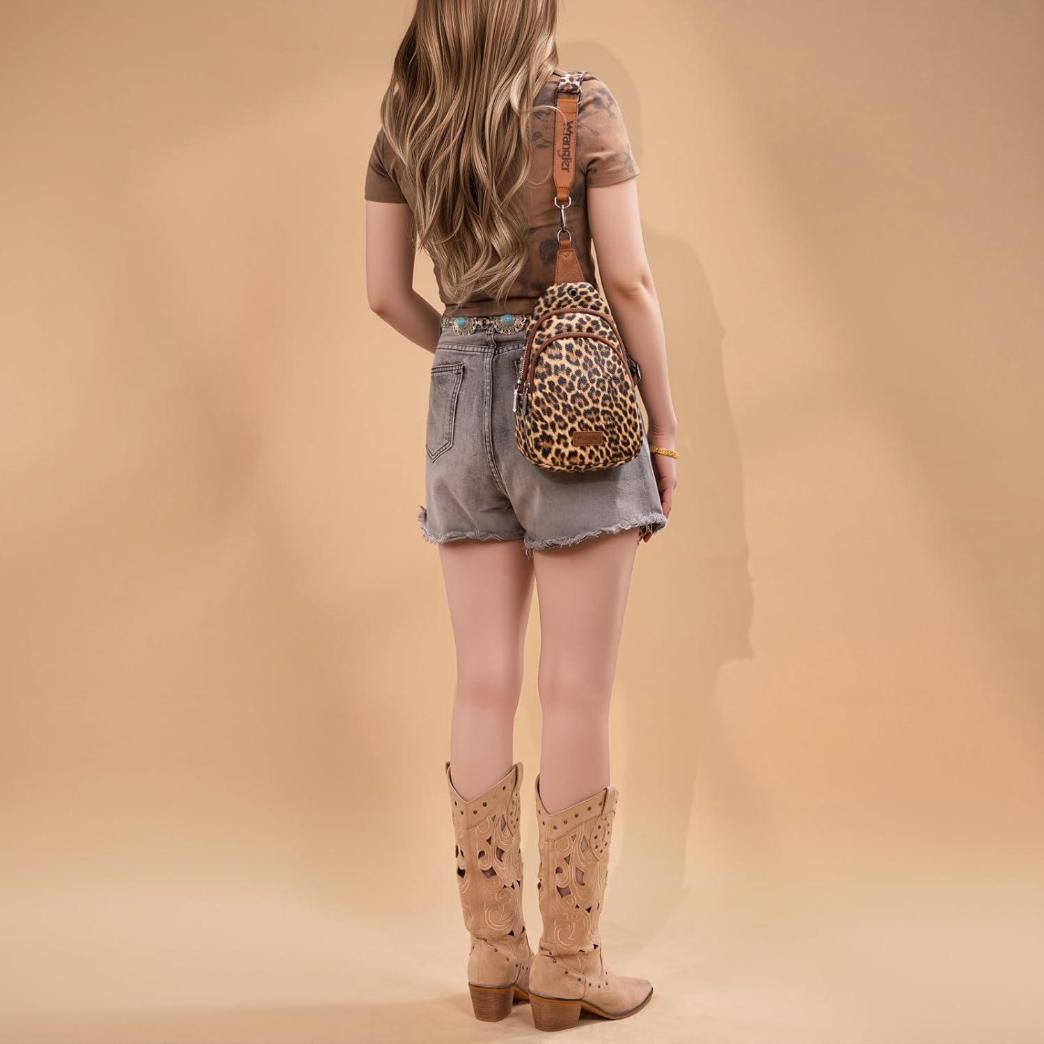 imageWrangler Western Crossbody Sling Bags for Women Backpack Chest Bag for Travel Daily Use and Gifts Leopard and Cow PrintLeopard Brown