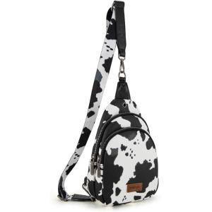 Wrangler Western Crossbody Sling Bags for Women Backpack Chest Bag for Travel, Daily Use, and Gifts – Leopard and Cow Print(Cow – Black)
