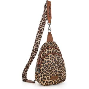 Wrangler Western Crossbody Sling Bags for Women Backpack Chest Bag for Travel, Daily Use, and Gifts – Leopard and Cow Print(Leopard – Brown)