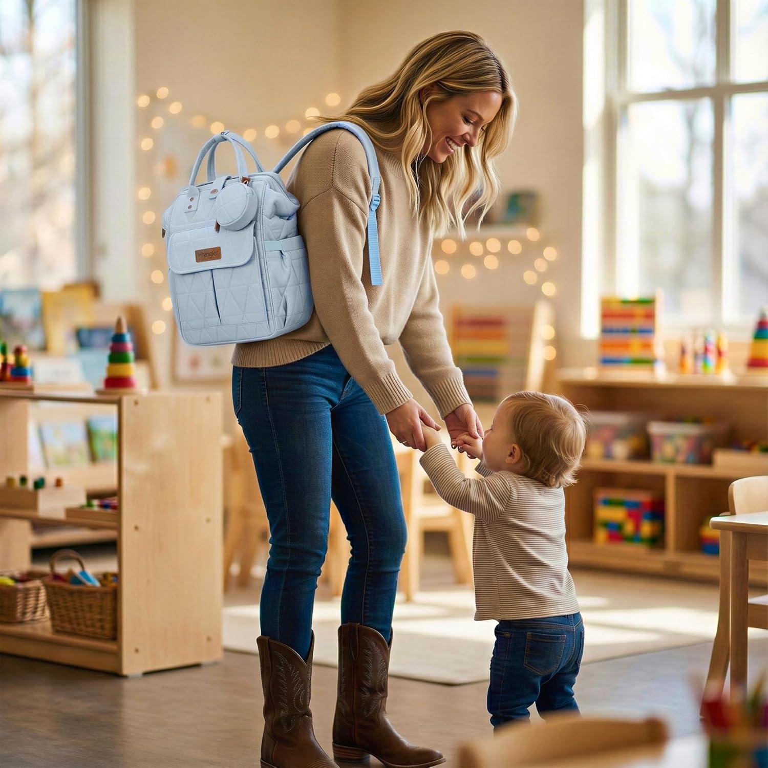 imageMontana West Wrangler Diaper Bag Backpack Baby Essentials Bag Quilted Travel Backpacks with Insulated Pockets Portable Changing Pad Stroller Straps Pacifier CaseBlue