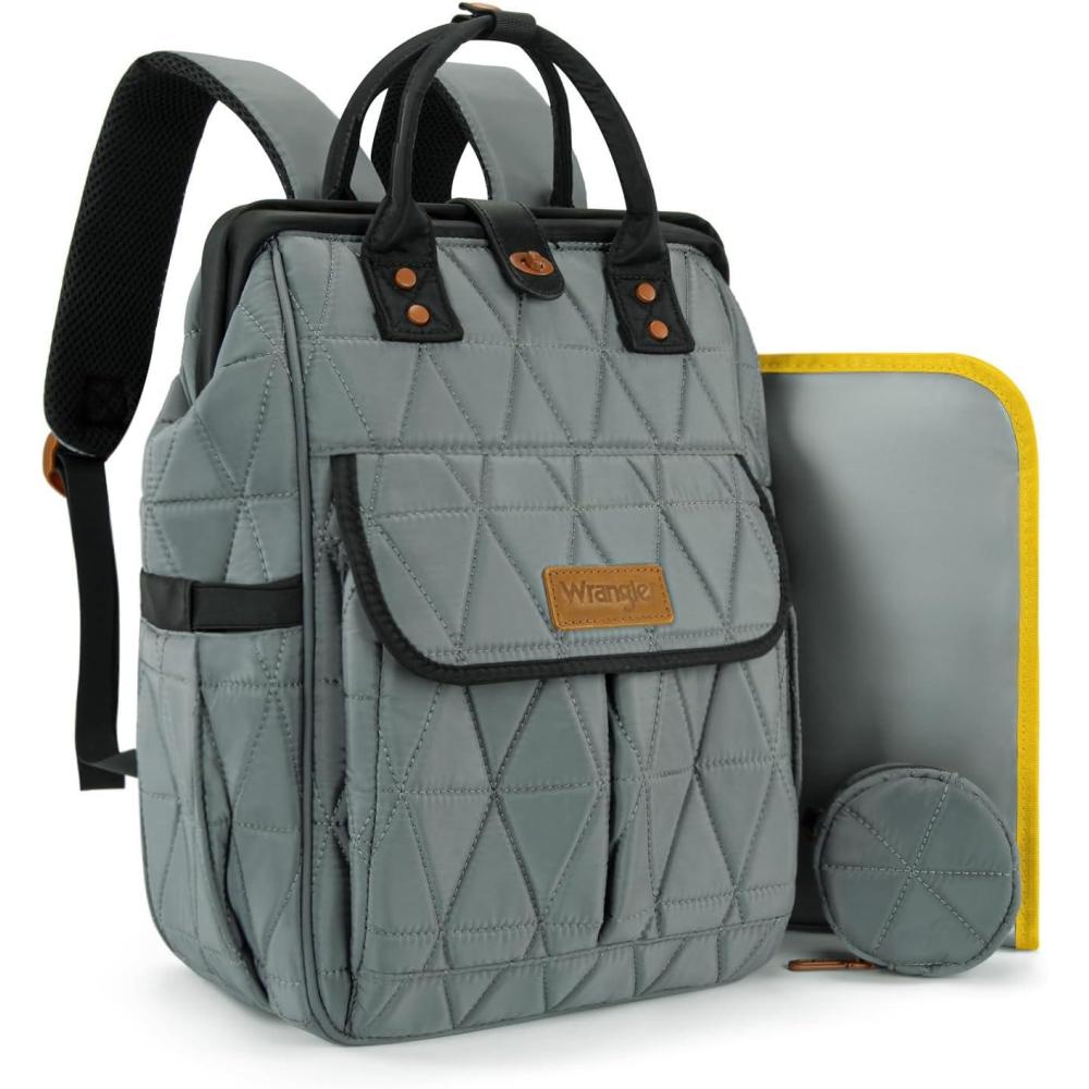 imageMontana West Wrangler Diaper Bag Backpack Baby Essentials Bag Quilted Travel Backpacks with Insulated Pockets Portable Changing Pad Stroller Straps Pacifier CaseGrey