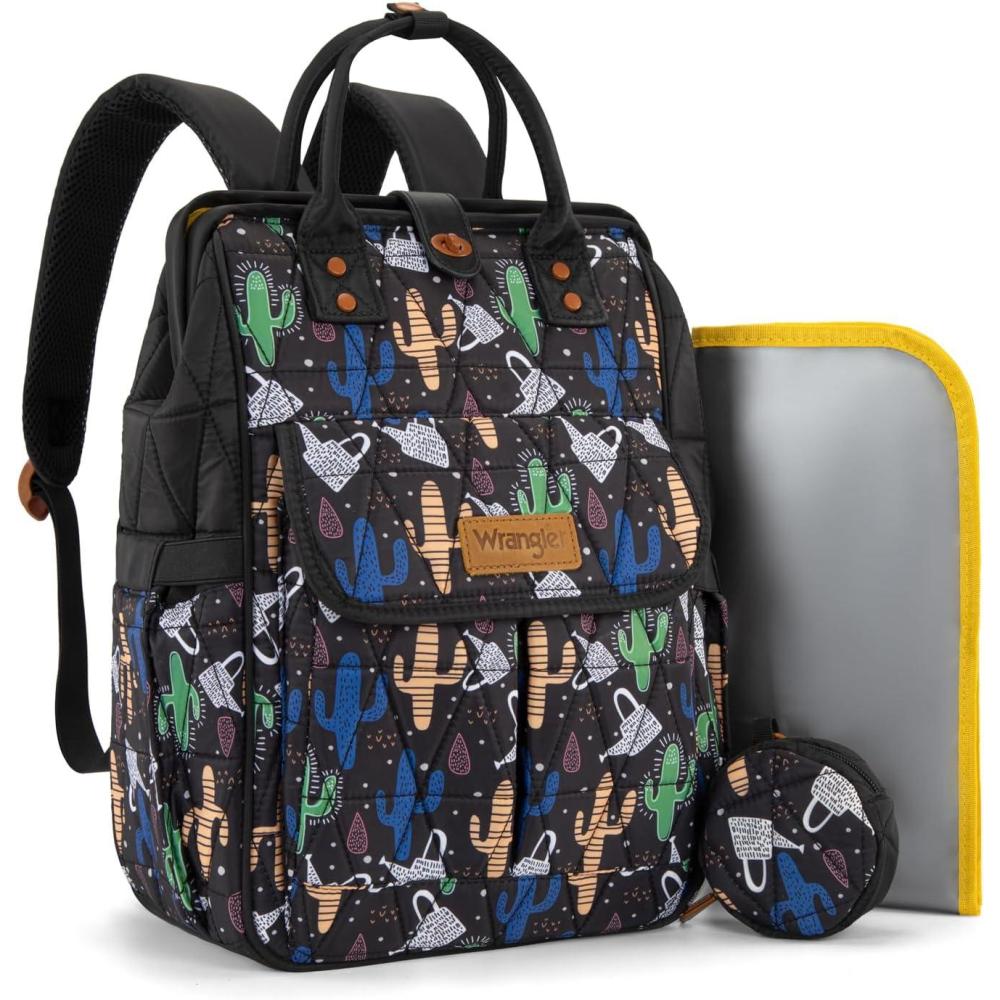 imageMontana West Wrangler Diaper Bag Backpack Baby Essentials Bag Quilted Travel Backpacks with Insulated Pockets Portable Changing Pad Stroller Straps Pacifier CaseBlack Cacti