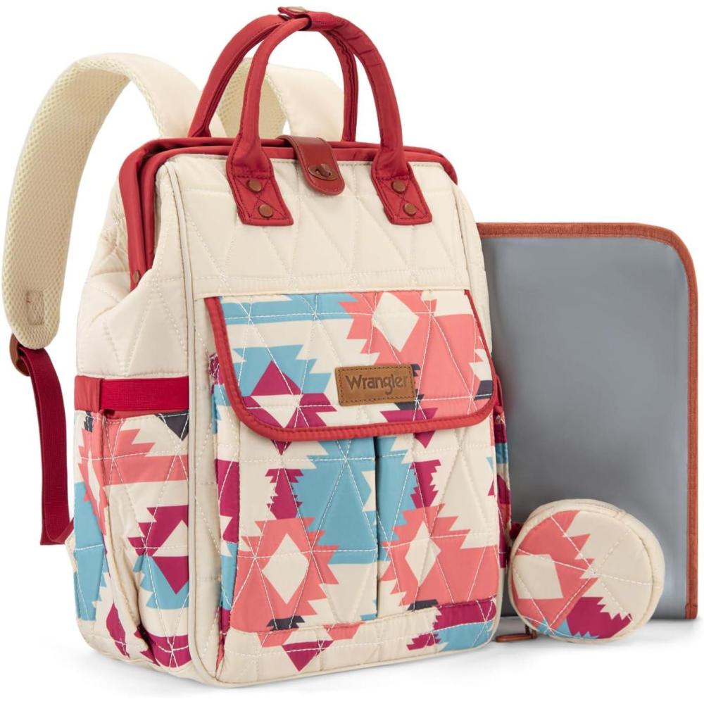 imageMontana West Wrangler Diaper Bag Backpack Baby Essentials Bag Quilted Travel Backpacks with Insulated Pockets Portable Changing Pad Stroller Straps Pacifier CaseAztec Pink