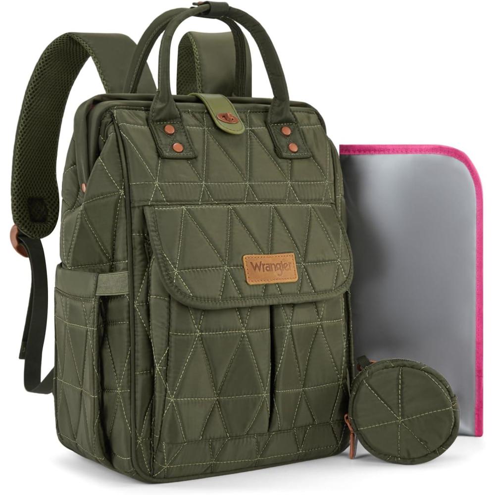 imageMontana West Wrangler Diaper Bag Backpack Baby Essentials Bag Quilted Travel Backpacks with Insulated Pockets Portable Changing Pad Stroller Straps Pacifier CaseGreen