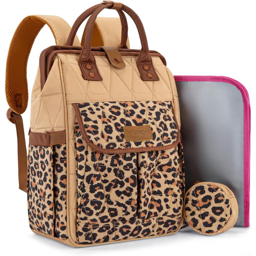imageMontana West Wrangler Diaper Bag Backpack Baby Essentials Bag Quilted Travel Backpacks with Insulated Pockets Portable Changing Pad Stroller Straps Pacifier CaseLeopard Print
