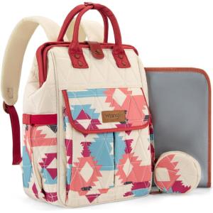Montana West Wrangler Diaper Bag Backpack Baby Essentials Bag Quilted Travel Backpacks with Insulated Pockets, Portable Changing Pad, Stroller Straps, Pacifier Case(Aztec Pink)