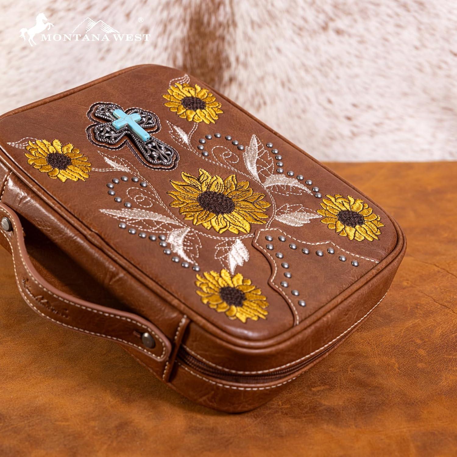 imageMontana West Western Style Embroidered Bible Covers for Women Men Book Carrying Case Church Bag Outdoor Bible ProtectiveBrown Sunflower