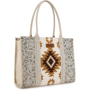 Montana West × Wrangler Aztec Tote Bag for Women Western Shoulder Purse Top Handle Handbag(L Beige)