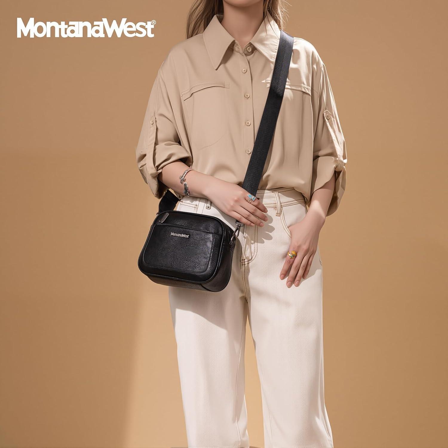 imageMontana West Small Crossbody Bags for Women Cow Print Purse Triple Zip Shoulder Handbags with Wide StrapBlack