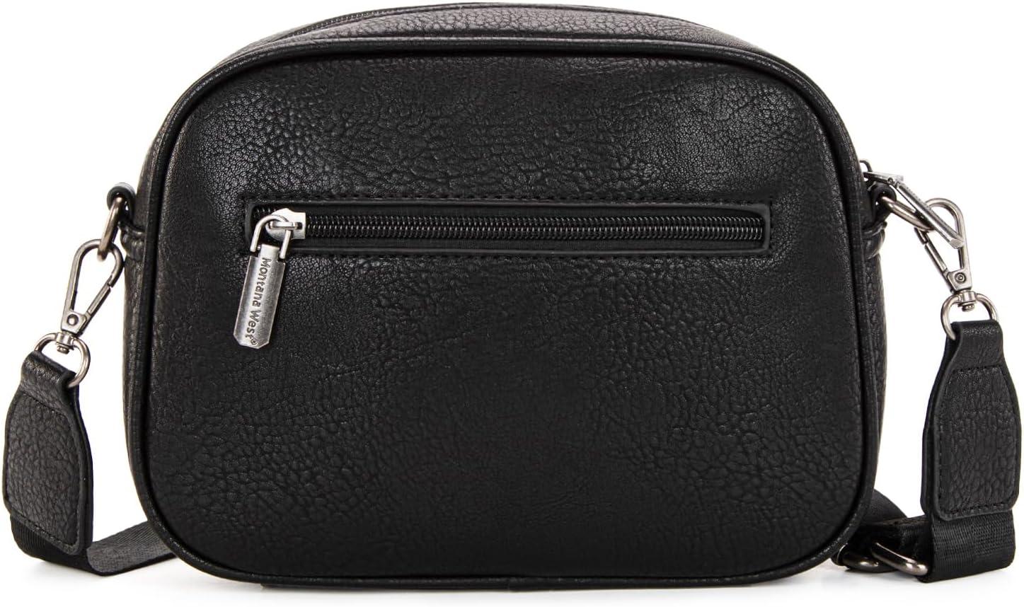 imageMontana West Small Crossbody Bags for Women Cow Print Purse Triple Zip Shoulder Handbags with Wide StrapBlack
