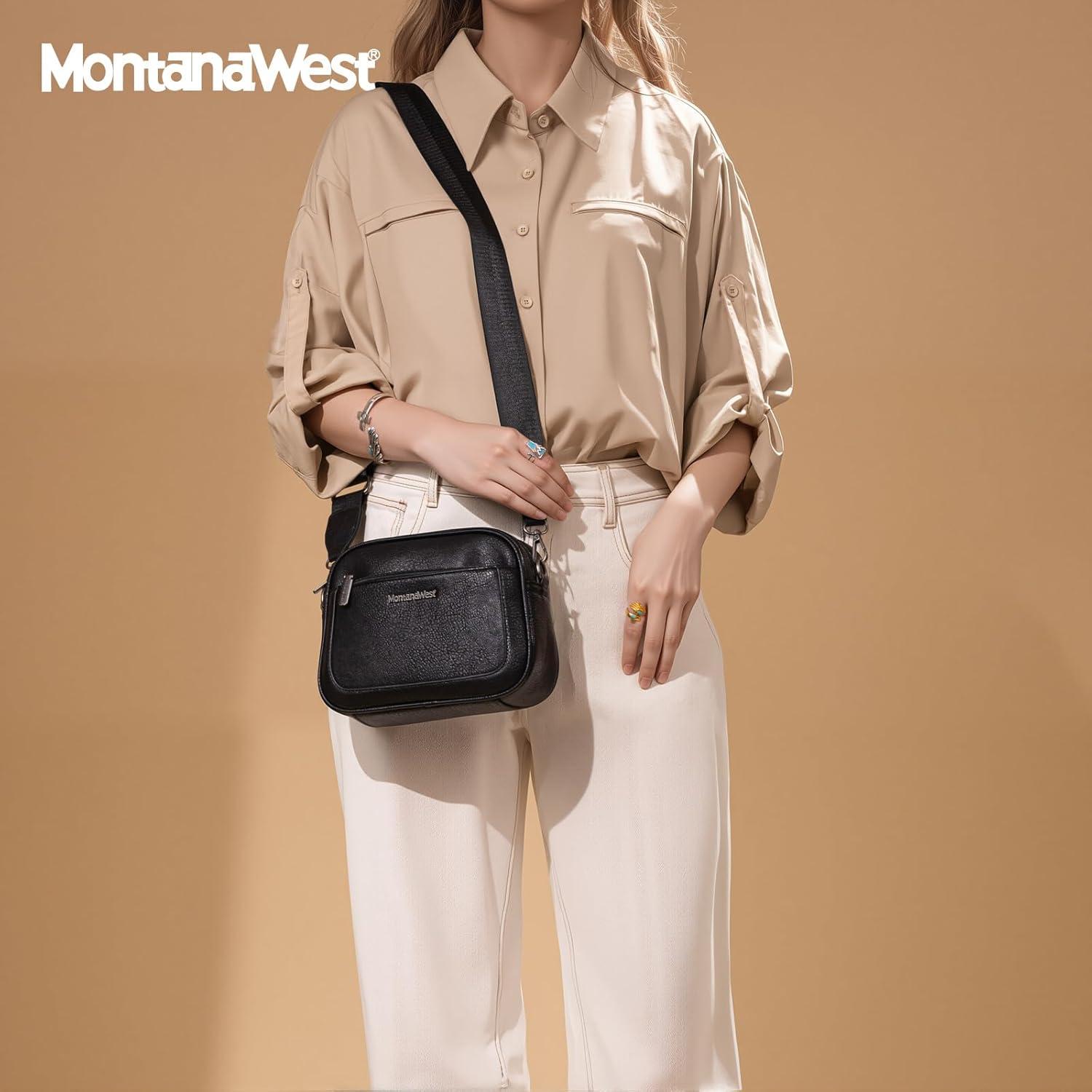 imageMontana West Small Crossbody Bags for Women Cow Print Purse Triple Zip Shoulder Handbags with Wide StrapBlack