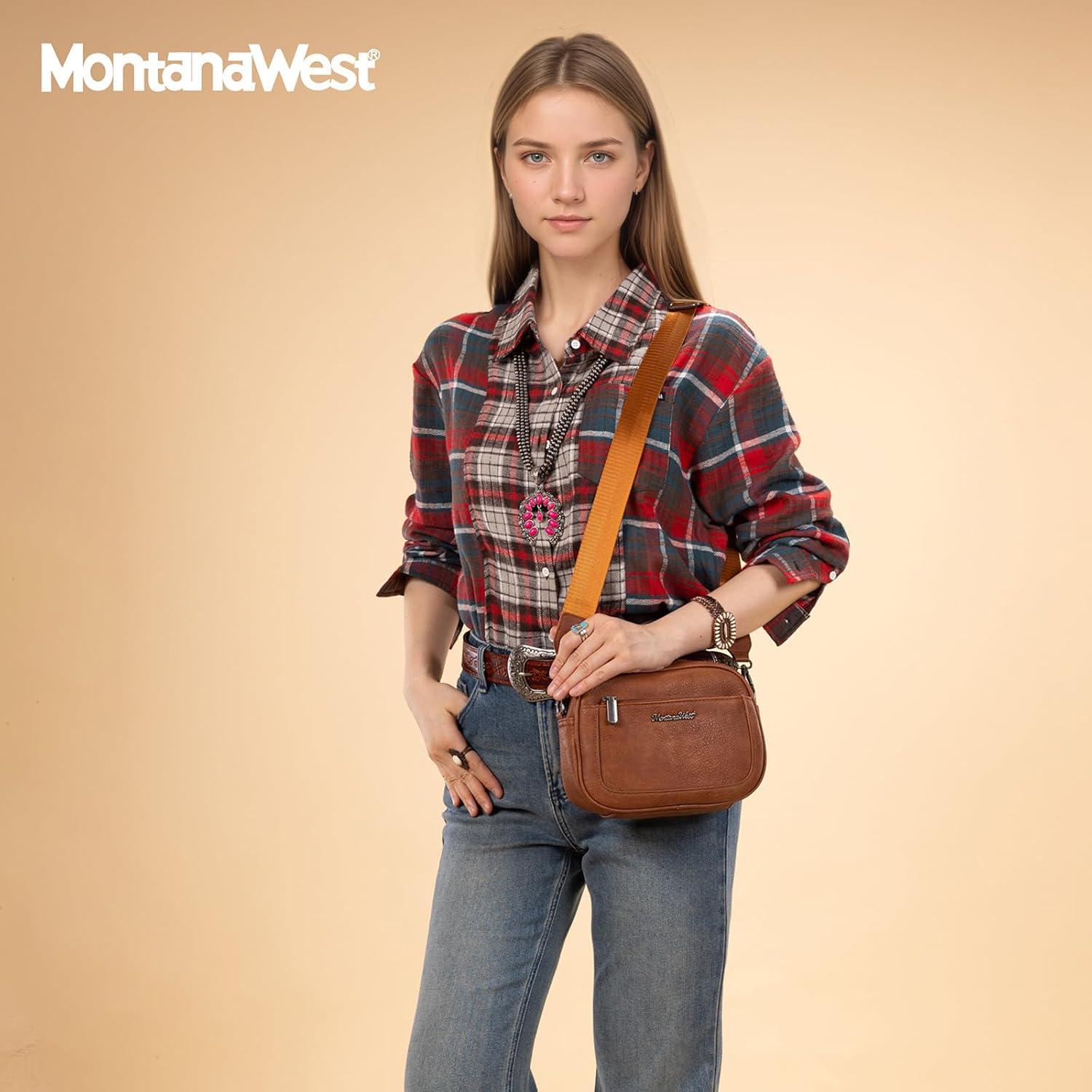imageMontana West Small Crossbody Bags for Women Cow Print Purse Triple Zip Shoulder Handbags with Wide StrapBrown