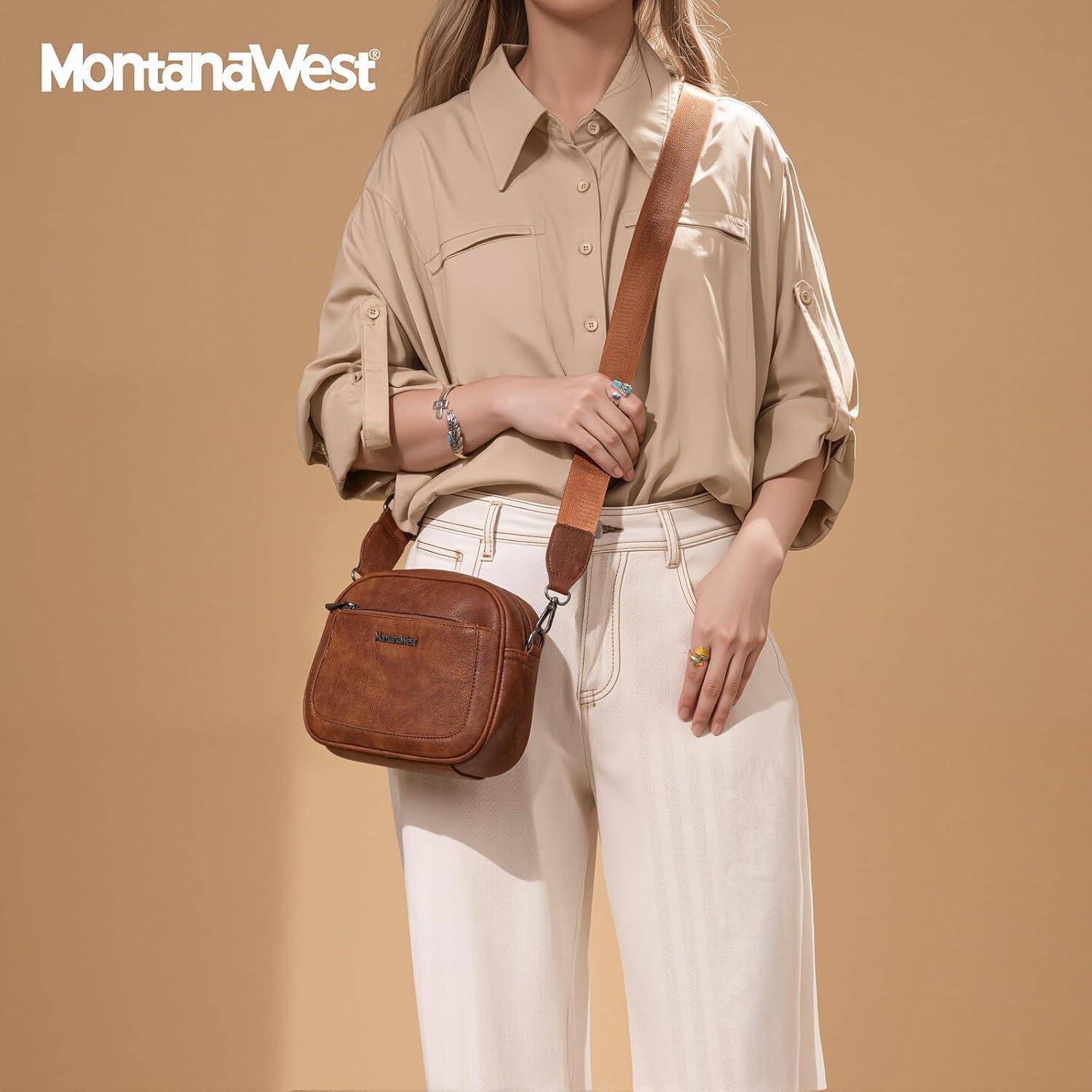 imageMontana West Small Crossbody Bags for Women Cow Print Purse Triple Zip Shoulder Handbags with Wide StrapBrown