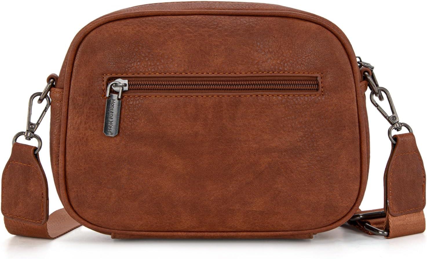 imageMontana West Small Crossbody Bags for Women Cow Print Purse Triple Zip Shoulder Handbags with Wide StrapBrown
