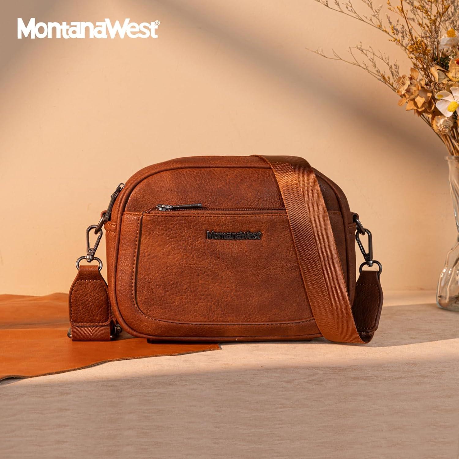 imageMontana West Small Crossbody Bags for Women Cow Print Purse Triple Zip Shoulder Handbags with Wide StrapBrown