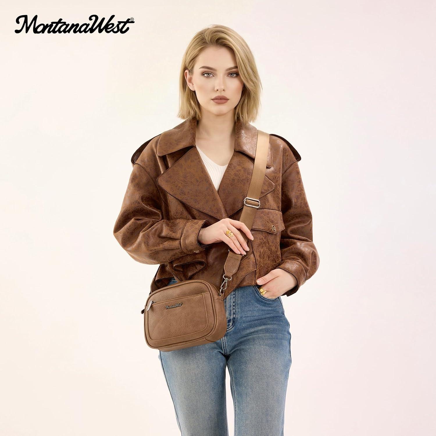imageMontana West Small Crossbody Bags for Women Cow Print Purse Triple Zip Shoulder Handbags with Wide StrapCamel