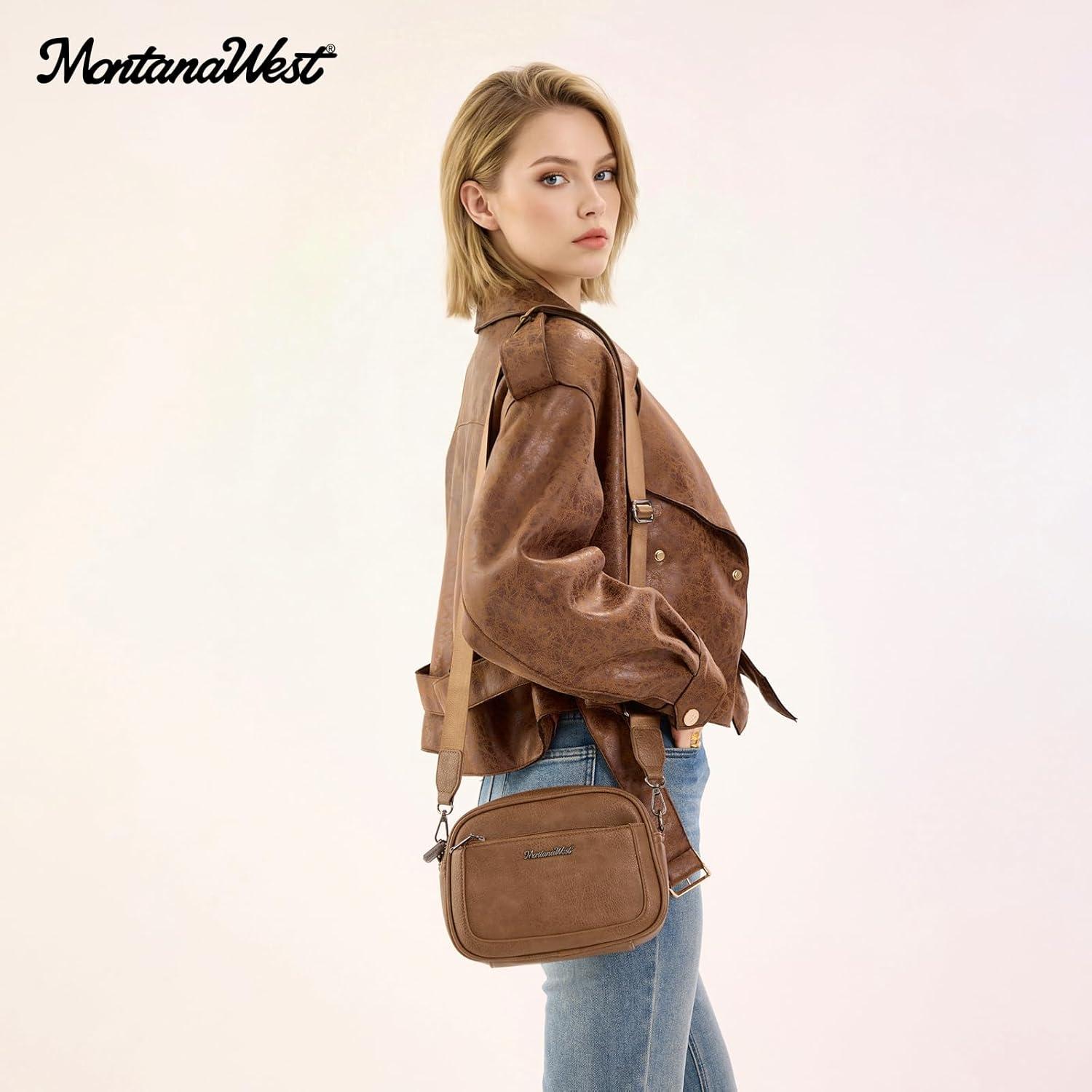 imageMontana West Small Crossbody Bags for Women Cow Print Purse Triple Zip Shoulder Handbags with Wide StrapCamel