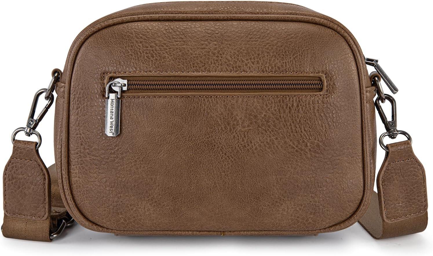imageMontana West Small Crossbody Bags for Women Cow Print Purse Triple Zip Shoulder Handbags with Wide StrapCamel