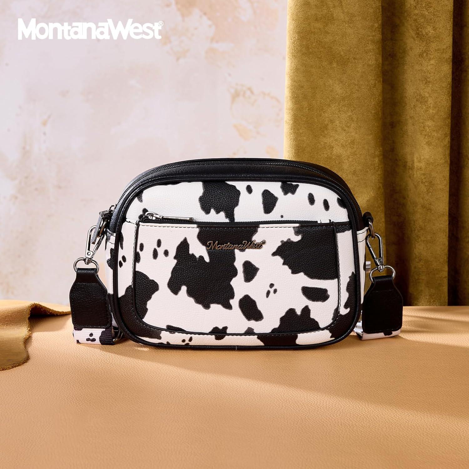 imageMontana West Small Crossbody Bags for Women Cow Print Purse Triple Zip Shoulder Handbags with Wide StrapCowBlack