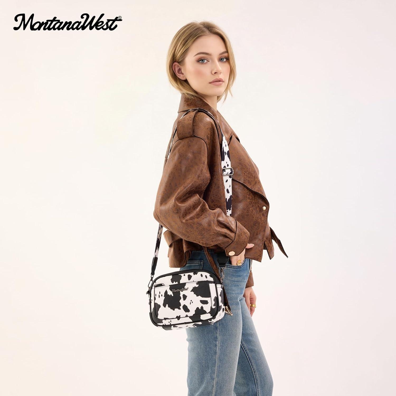 imageMontana West Small Crossbody Bags for Women Cow Print Purse Triple Zip Shoulder Handbags with Wide StrapCowBlack