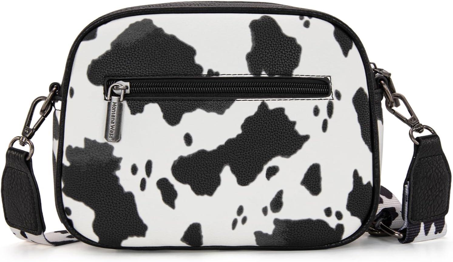 imageMontana West Small Crossbody Bags for Women Cow Print Purse Triple Zip Shoulder Handbags with Wide StrapCowBlack