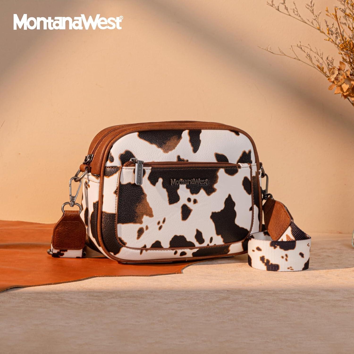 imageMontana West Small Crossbody Bags for Women Cow Print Purse Triple Zip Shoulder Handbags with Wide StrapCowBrown