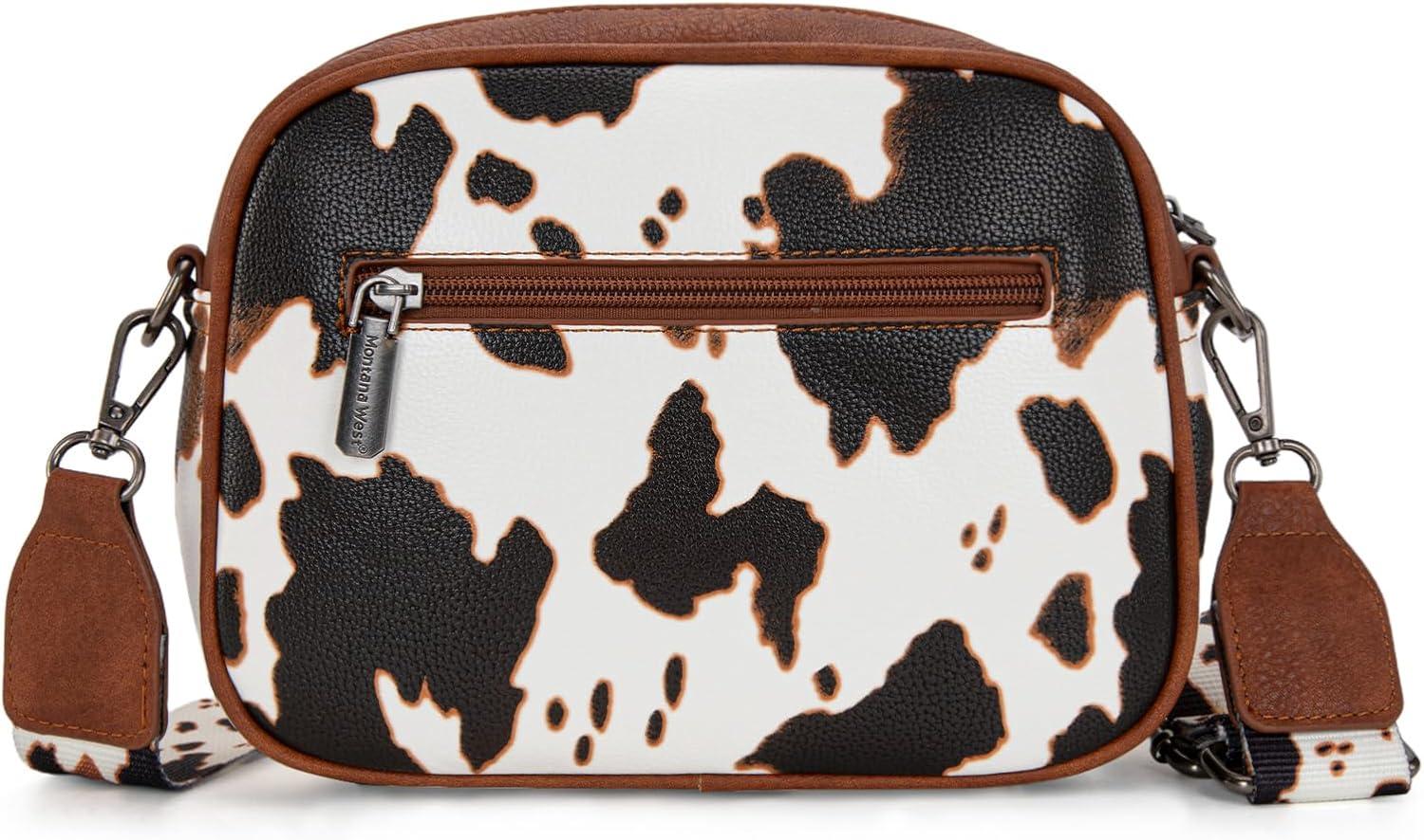 imageMontana West Small Crossbody Bags for Women Cow Print Purse Triple Zip Shoulder Handbags with Wide StrapCowBrown