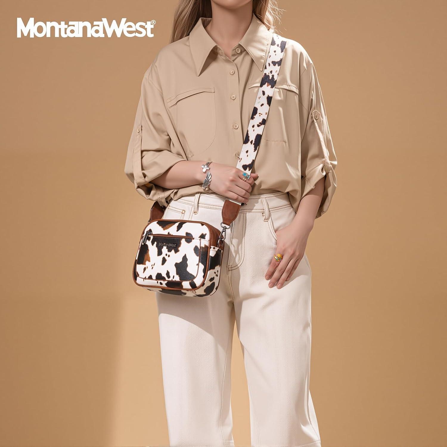 imageMontana West Small Crossbody Bags for Women Cow Print Purse Triple Zip Shoulder Handbags with Wide StrapCowBrown