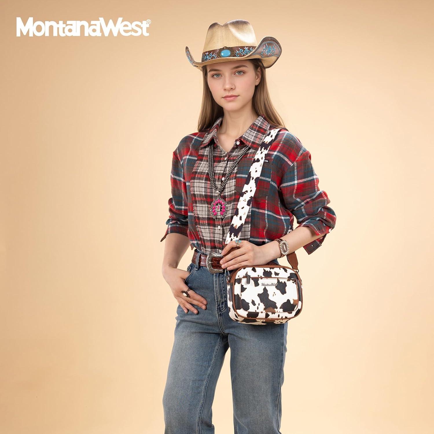 imageMontana West Small Crossbody Bags for Women Cow Print Purse Triple Zip Shoulder Handbags with Wide StrapCowBrown