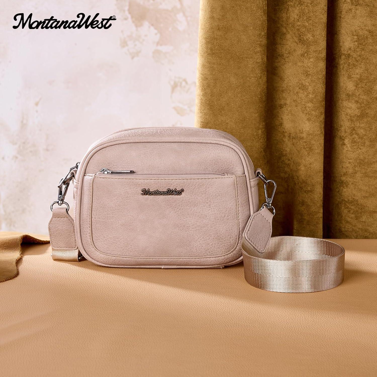 imageMontana West Small Crossbody Bags for Women Cow Print Purse Triple Zip Shoulder Handbags with Wide StrapKhaki