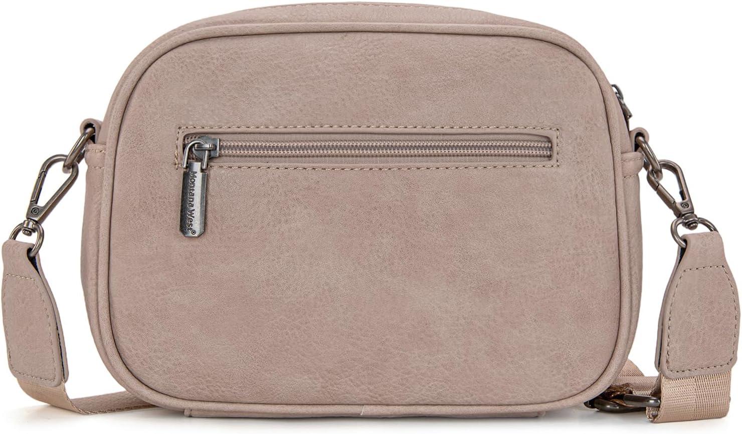 imageMontana West Small Crossbody Bags for Women Cow Print Purse Triple Zip Shoulder Handbags with Wide StrapKhaki