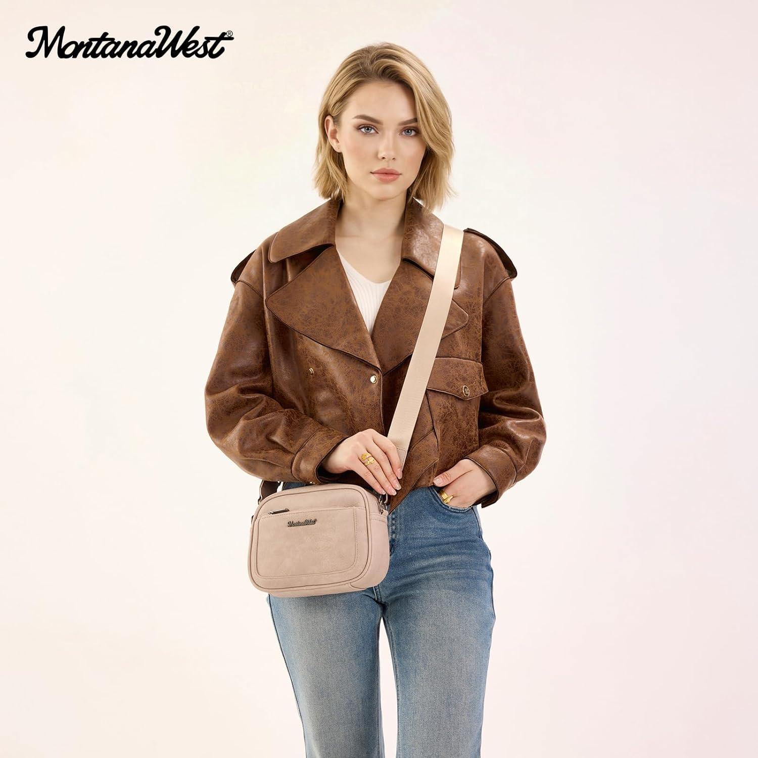 imageMontana West Small Crossbody Bags for Women Cow Print Purse Triple Zip Shoulder Handbags with Wide StrapKhaki
