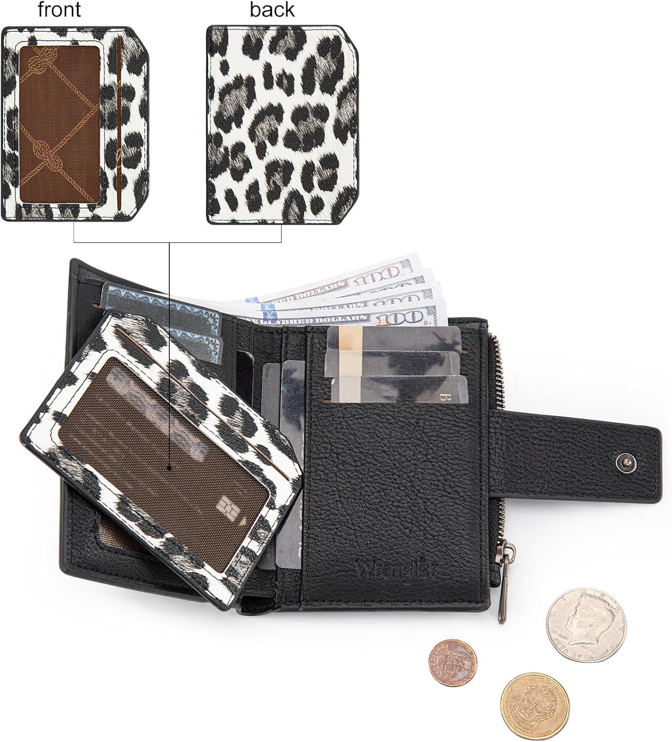 imageMontana West X Wrangler Small Wallets for Women Bifold RFID Blocking Wallets Compact Leopard Print Wallet with Removable ID WindowABlack