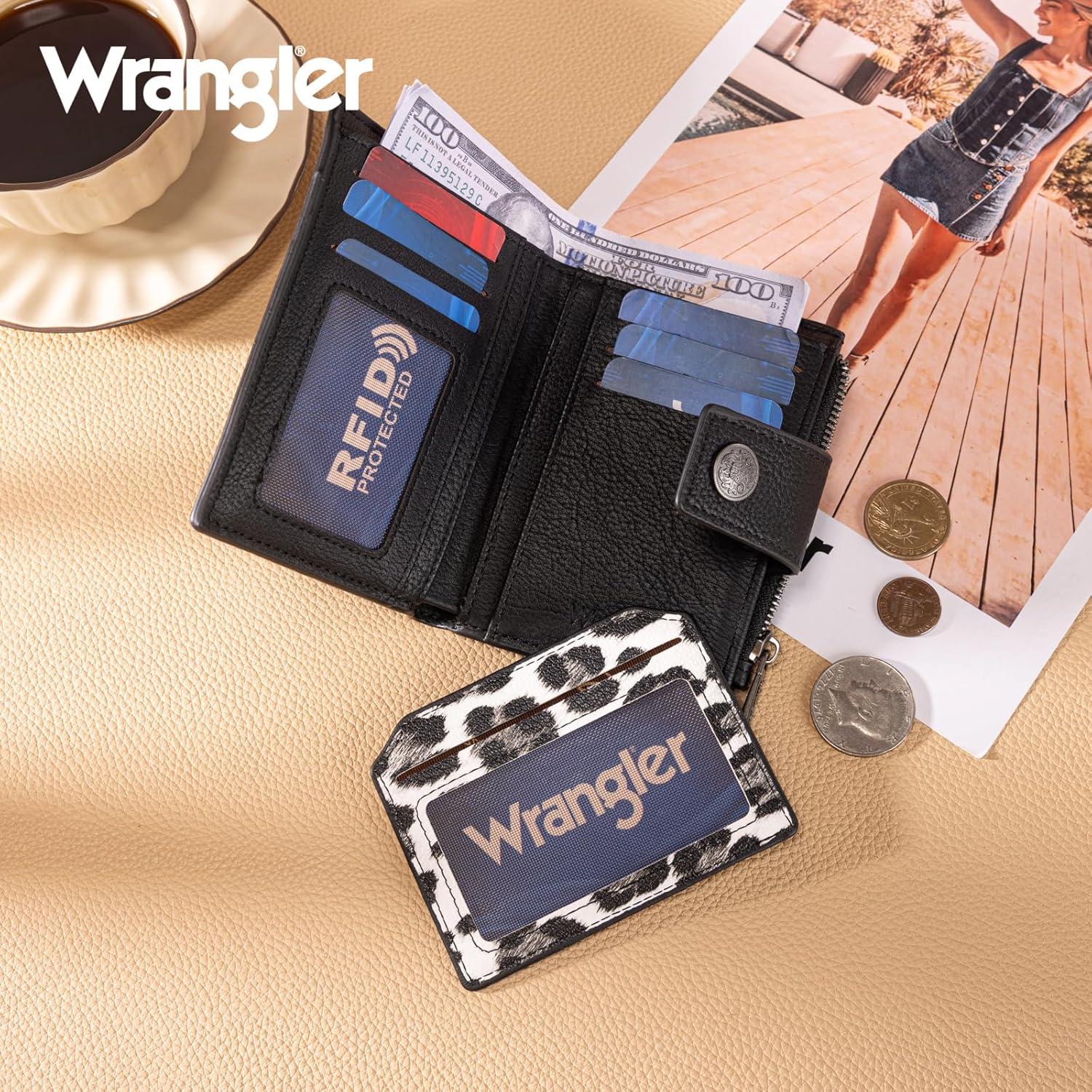 imageMontana West X Wrangler Small Wallets for Women Bifold RFID Blocking Wallets Compact Leopard Print Wallet with Removable ID WindowABlack