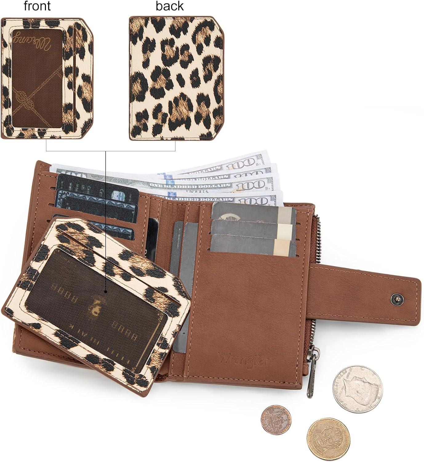 imageMontana West X Wrangler Small Wallets for Women Bifold RFID Blocking Wallets Compact Leopard Print Wallet with Removable ID WindowABrown