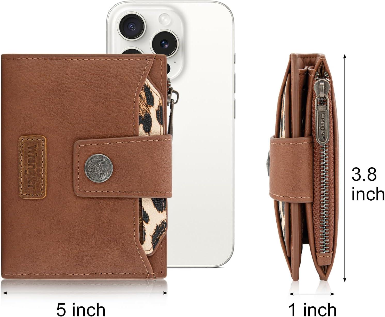 imageMontana West X Wrangler Small Wallets for Women Bifold RFID Blocking Wallets Compact Leopard Print Wallet with Removable ID WindowABrown