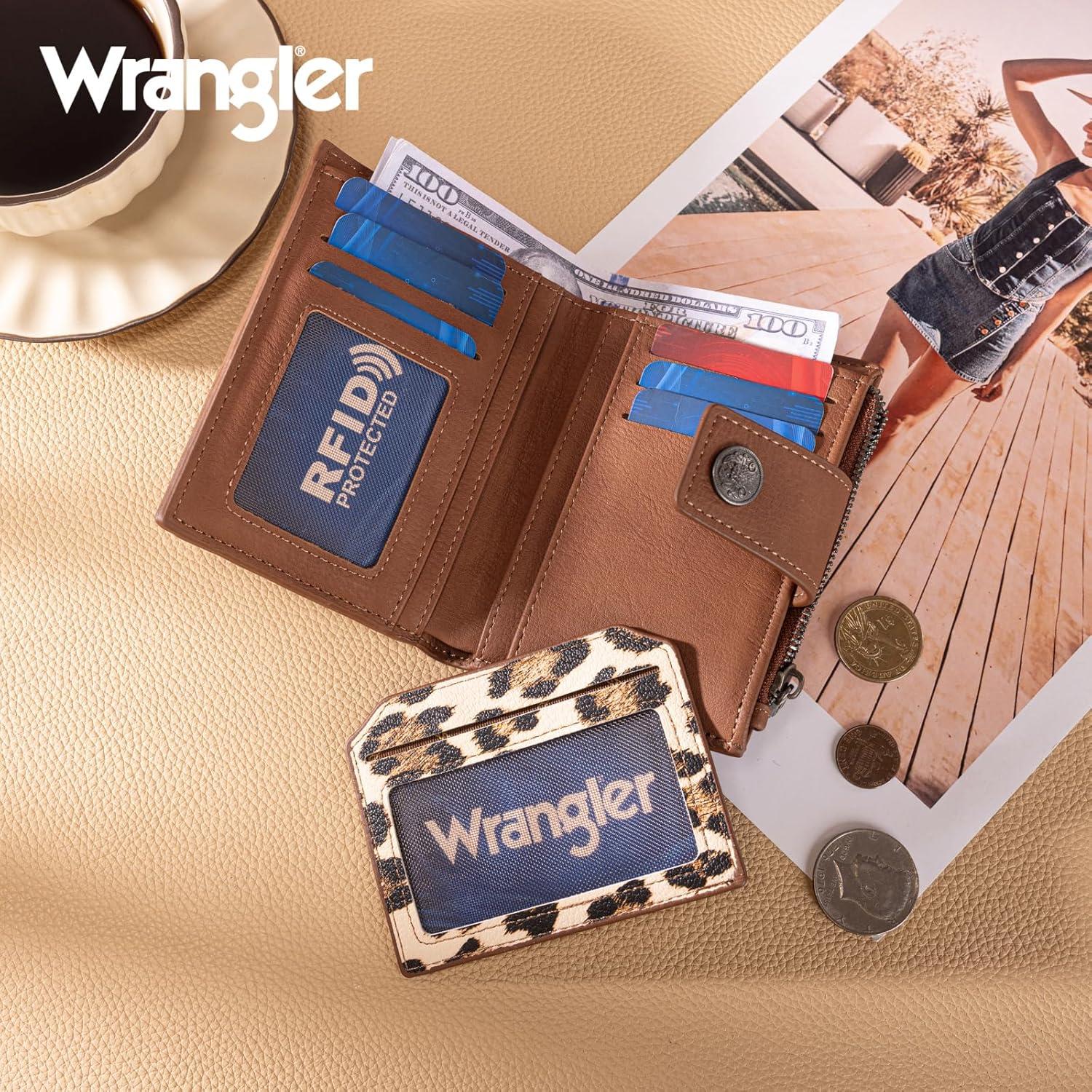 imageMontana West X Wrangler Small Wallets for Women Bifold RFID Blocking Wallets Compact Leopard Print Wallet with Removable ID WindowABrown