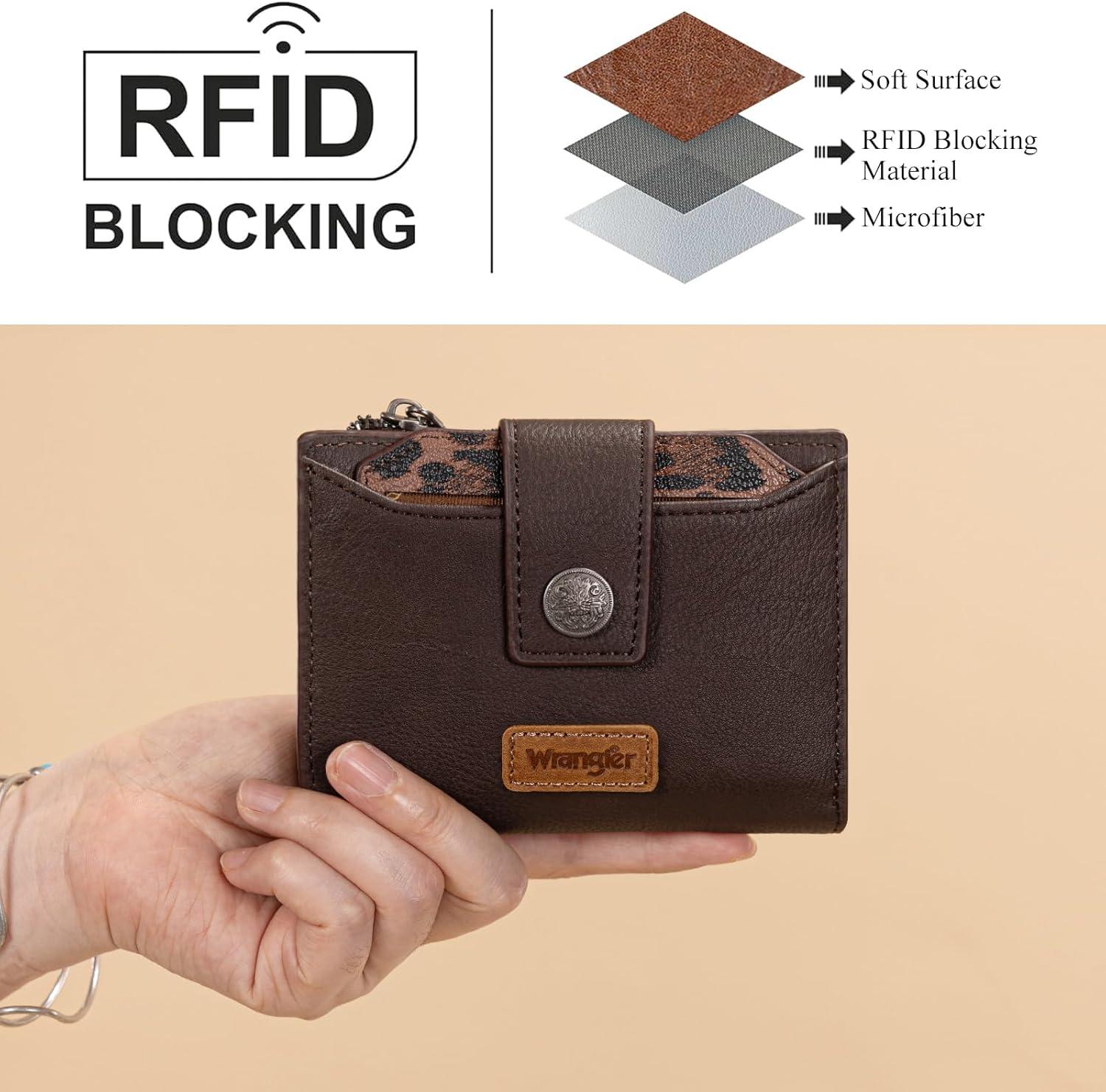 imageMontana West X Wrangler Small Wallets for Women Bifold RFID Blocking Wallets Compact Leopard Print Wallet with Removable ID WindowACoffee