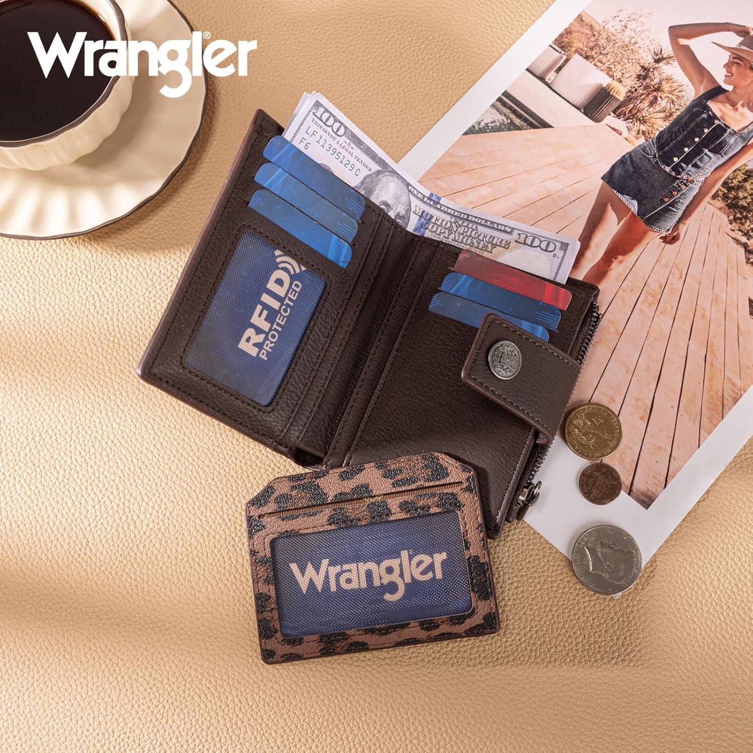 imageMontana West X Wrangler Small Wallets for Women Bifold RFID Blocking Wallets Compact Leopard Print Wallet with Removable ID WindowACoffee