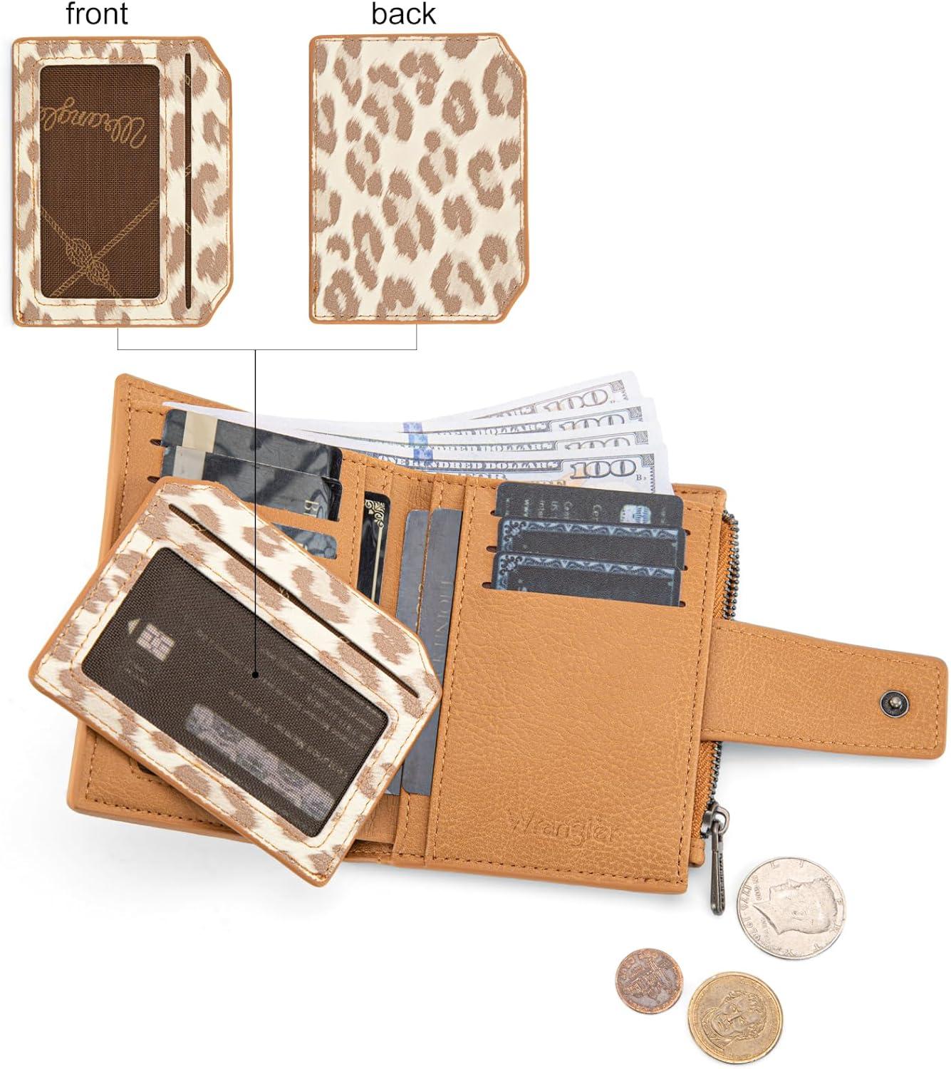 imageMontana West X Wrangler Small Wallets for Women Bifold RFID Blocking Wallets Compact Leopard Print Wallet with Removable ID WindowATan