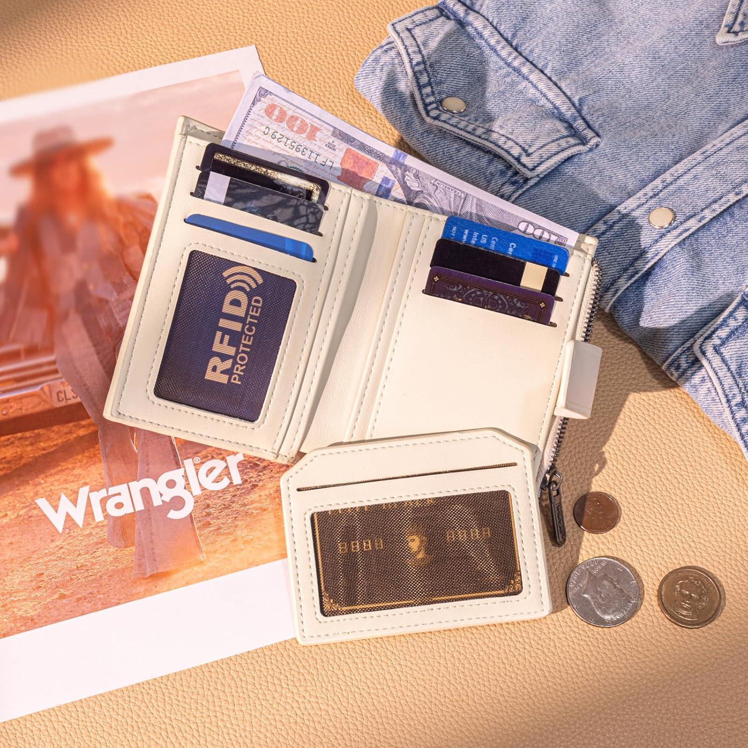 imageMontana West X Wrangler Small Wallets for Women Bifold RFID Blocking Wallets Compact Leopard Print Wallet with Removable ID WindowBeige
