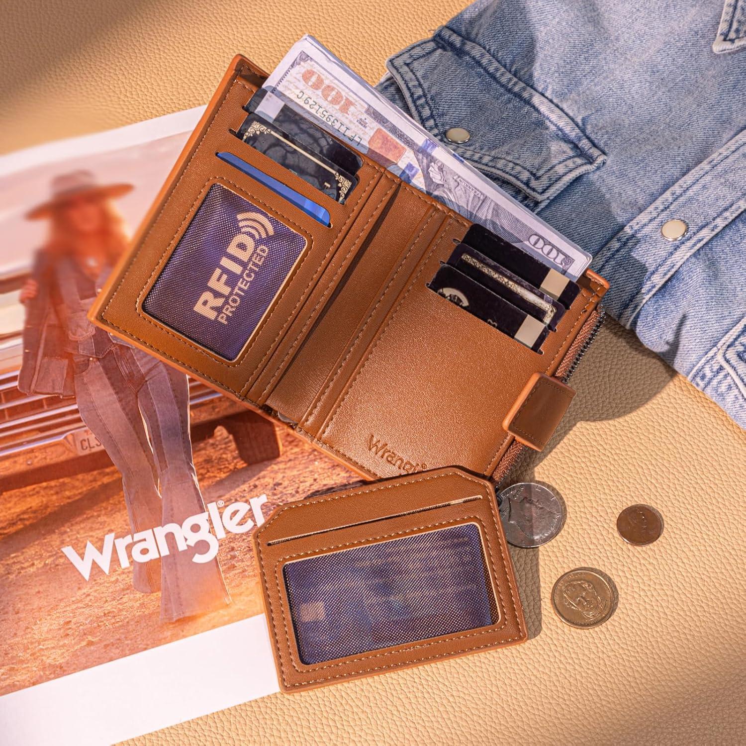 imageMontana West X Wrangler Small Wallets for Women Bifold RFID Blocking Wallets Compact Leopard Print Wallet with Removable ID WindowBrown
