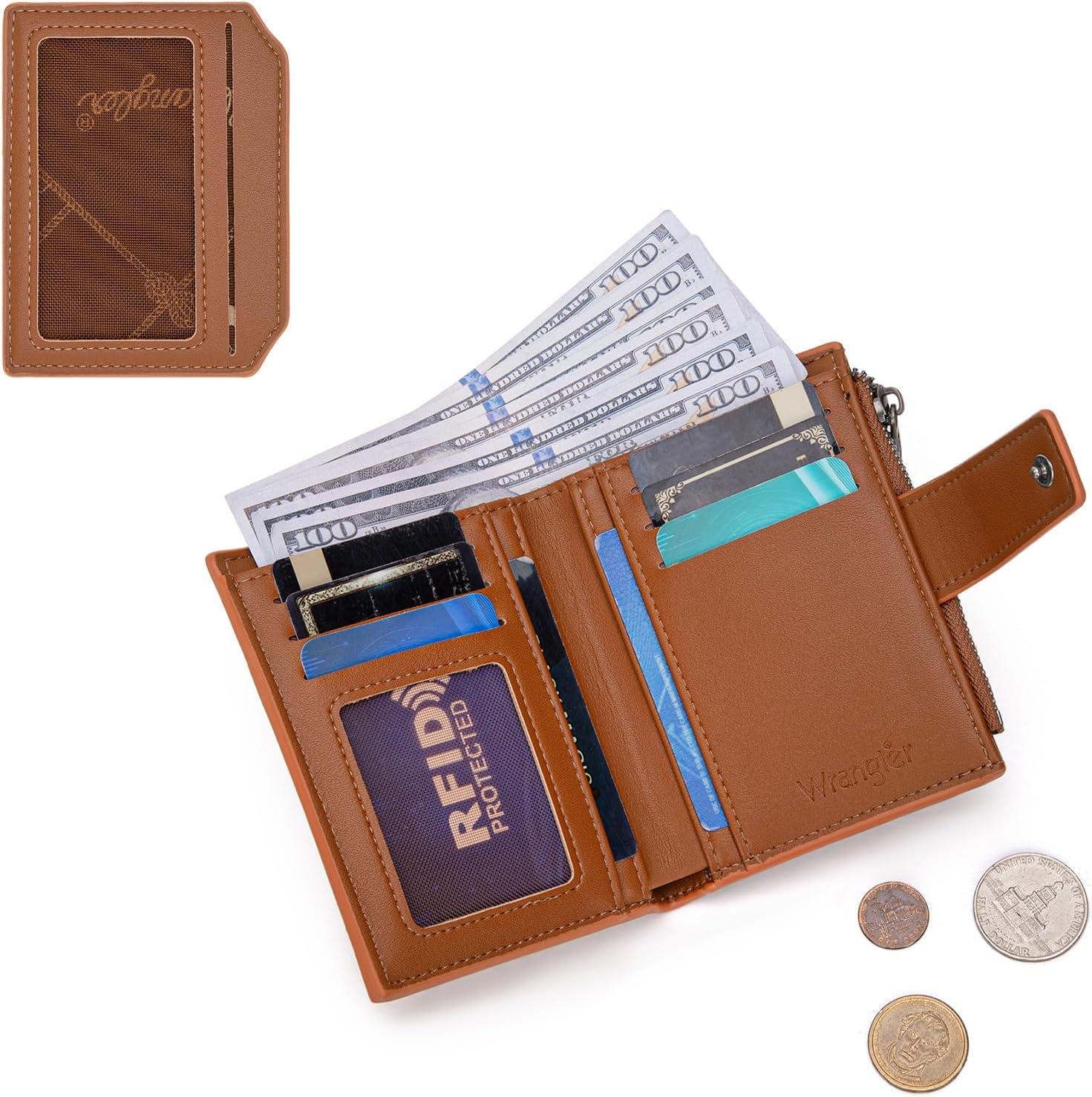 imageMontana West X Wrangler Small Wallets for Women Bifold RFID Blocking Wallets Compact Leopard Print Wallet with Removable ID WindowBrown