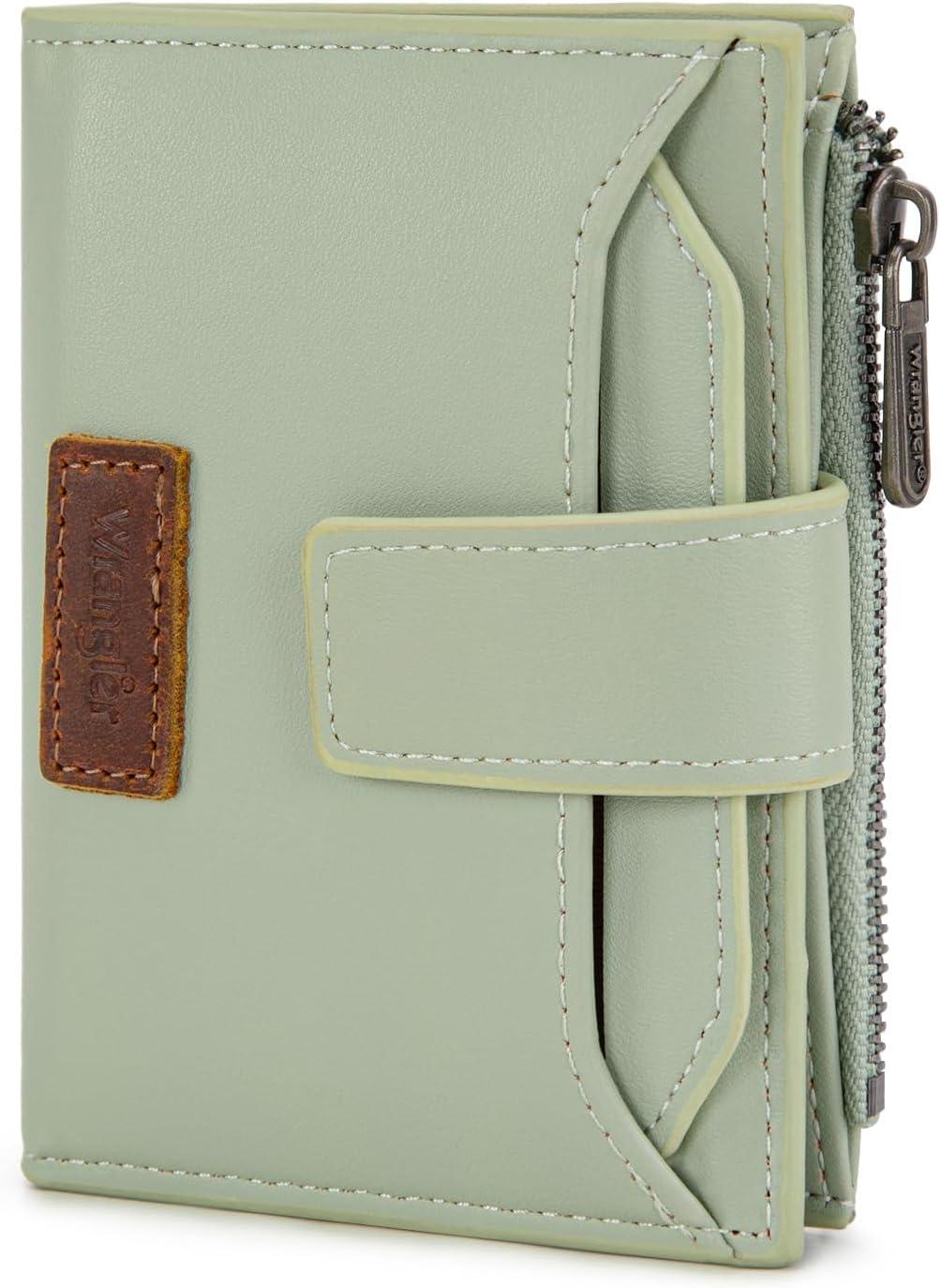 imageMontana West X Wrangler Small Wallets for Women Bifold RFID Blocking Wallets Compact Leopard Print Wallet with Removable ID WindowGreen