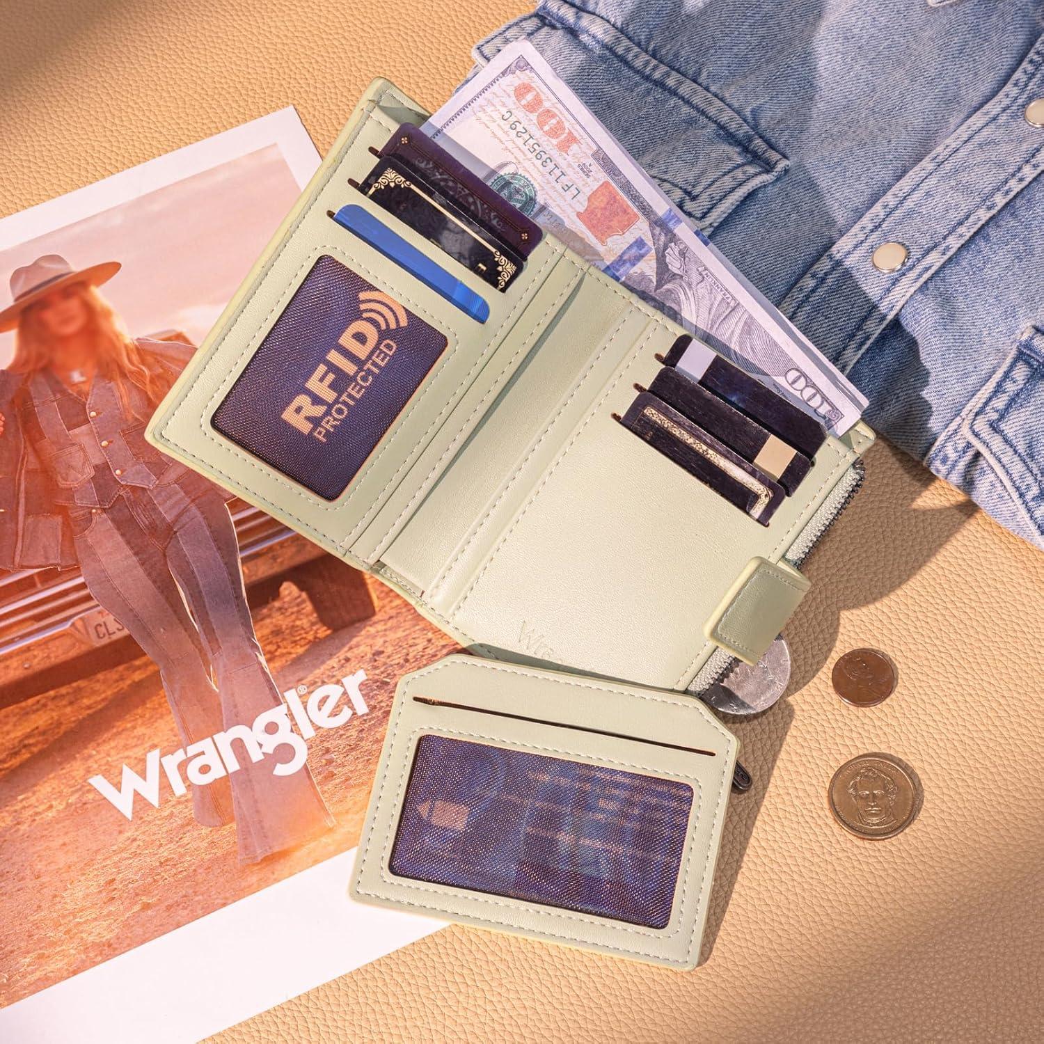 imageMontana West X Wrangler Small Wallets for Women Bifold RFID Blocking Wallets Compact Leopard Print Wallet with Removable ID WindowGreen
