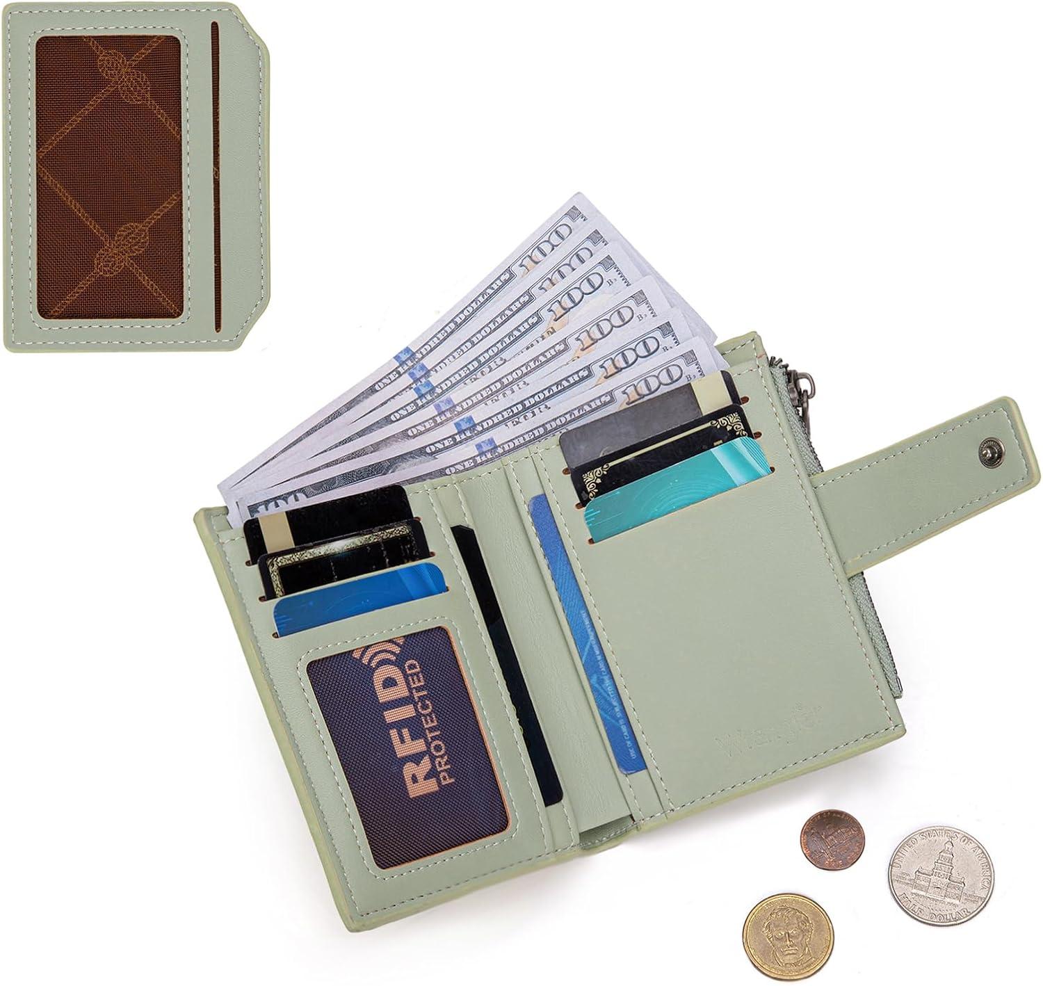 imageMontana West X Wrangler Small Wallets for Women Bifold RFID Blocking Wallets Compact Leopard Print Wallet with Removable ID WindowGreen
