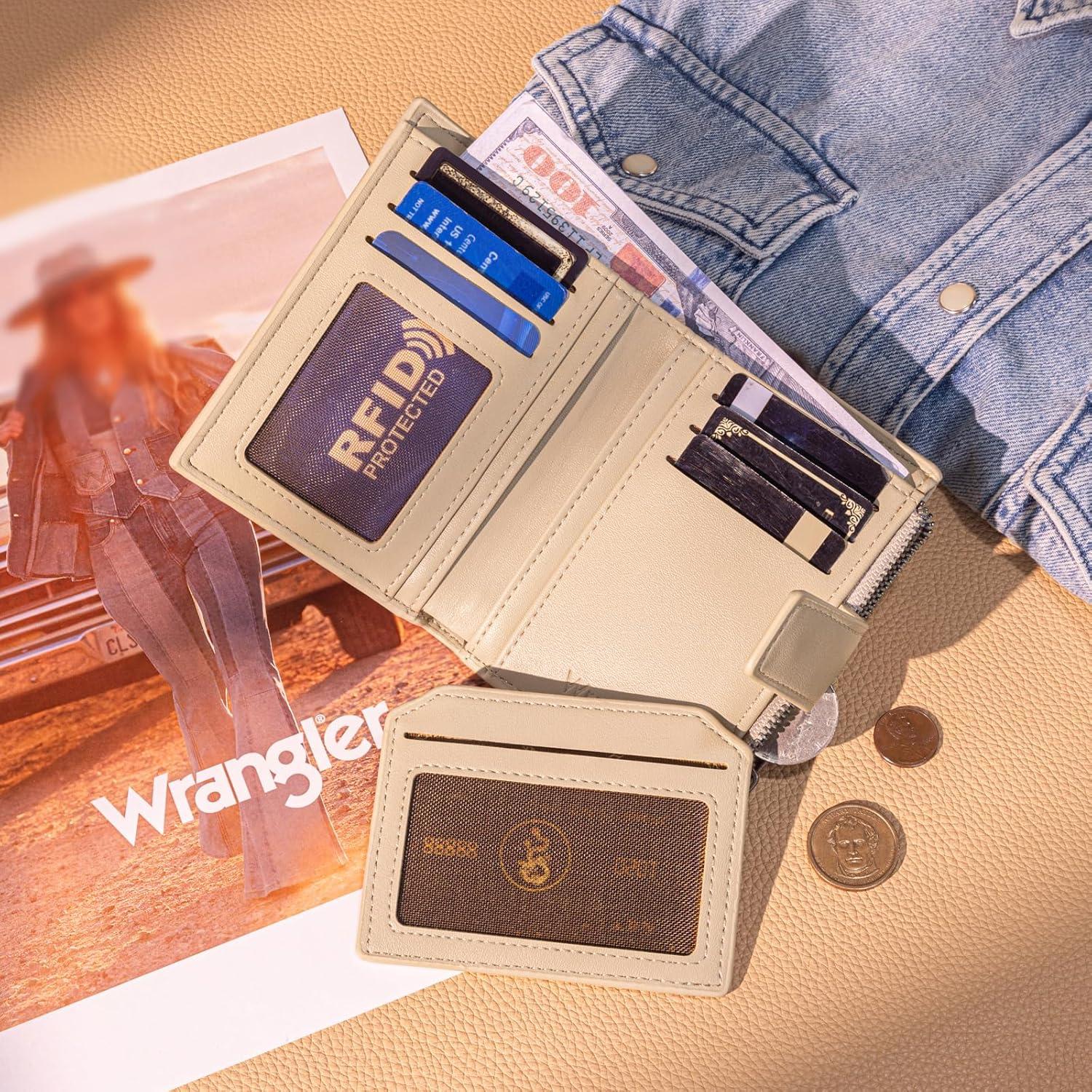 imageMontana West X Wrangler Small Wallets for Women Bifold RFID Blocking Wallets Compact Leopard Print Wallet with Removable ID WindowKhaki