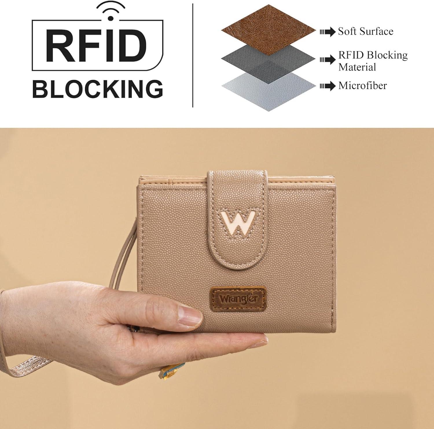 imageMontana West X Wrangler Small Wallets for Women Bifold RFID Blocking Wallets Compact Leopard Print Wallet with Removable ID WindowZKhaki
